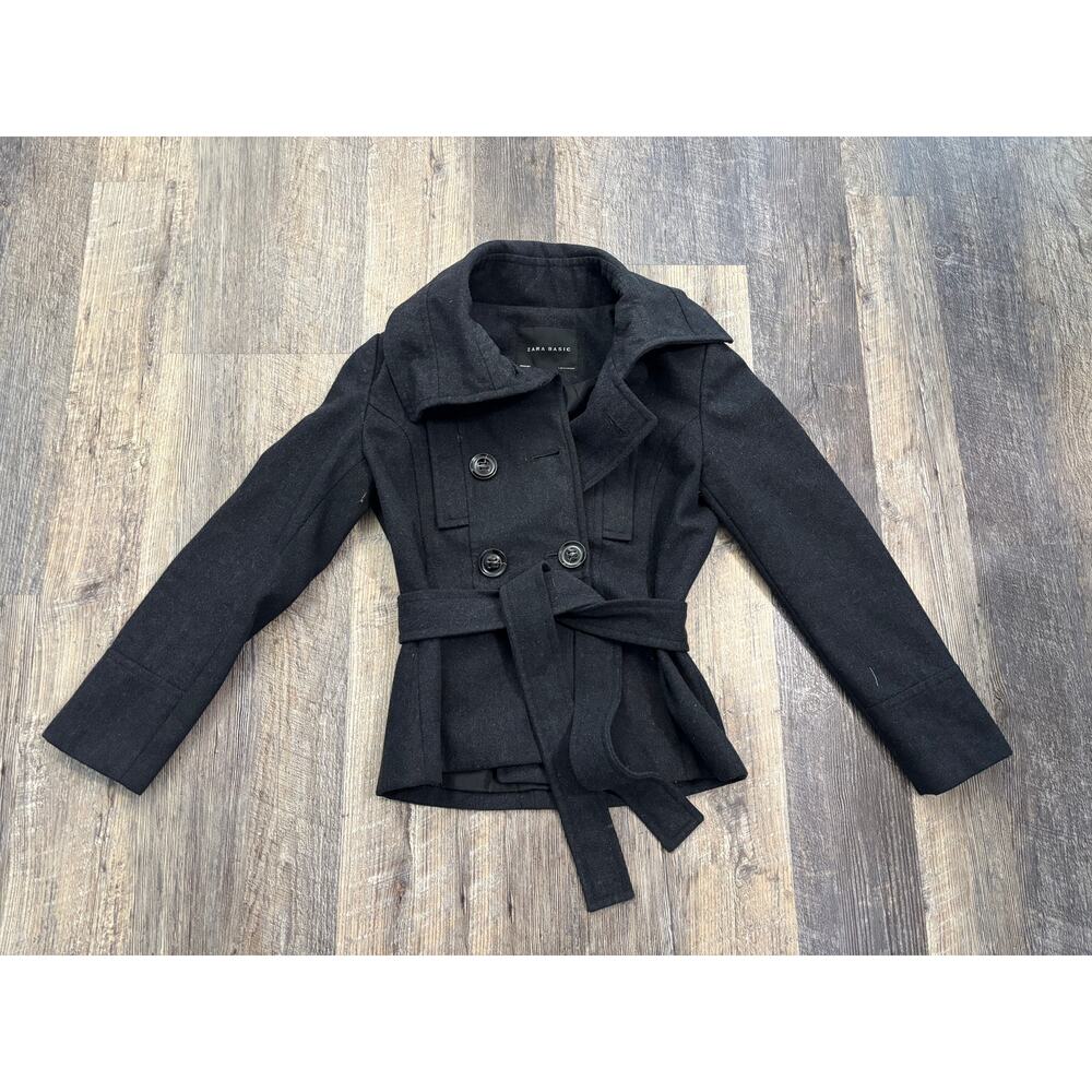 Zara Basic‎ Womens Wool Blend Double Breasted Pea Coat Belted Black Size M